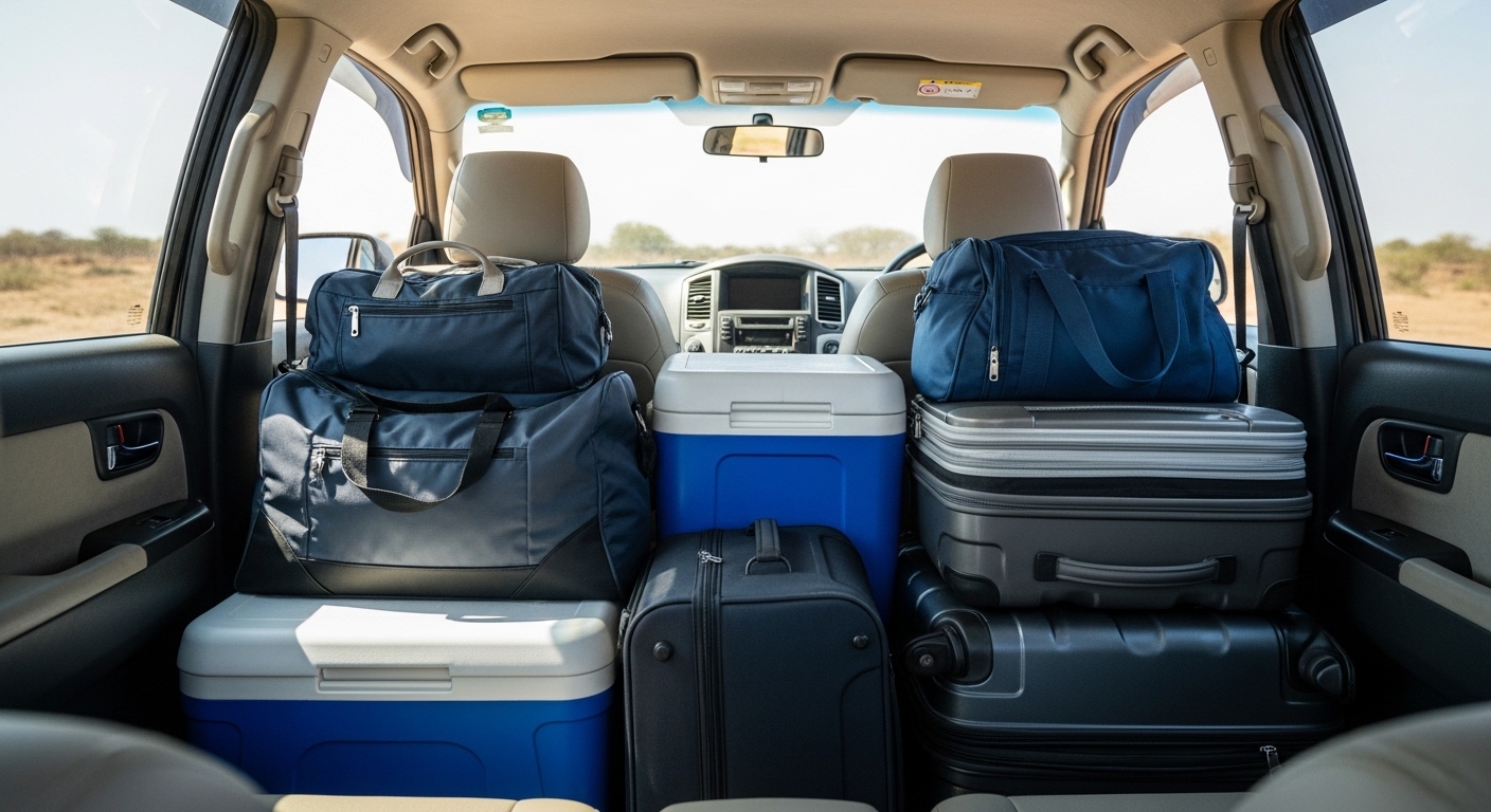 Packed SUV interior with duffel bags, suitcases, and two coolers in bright daylight