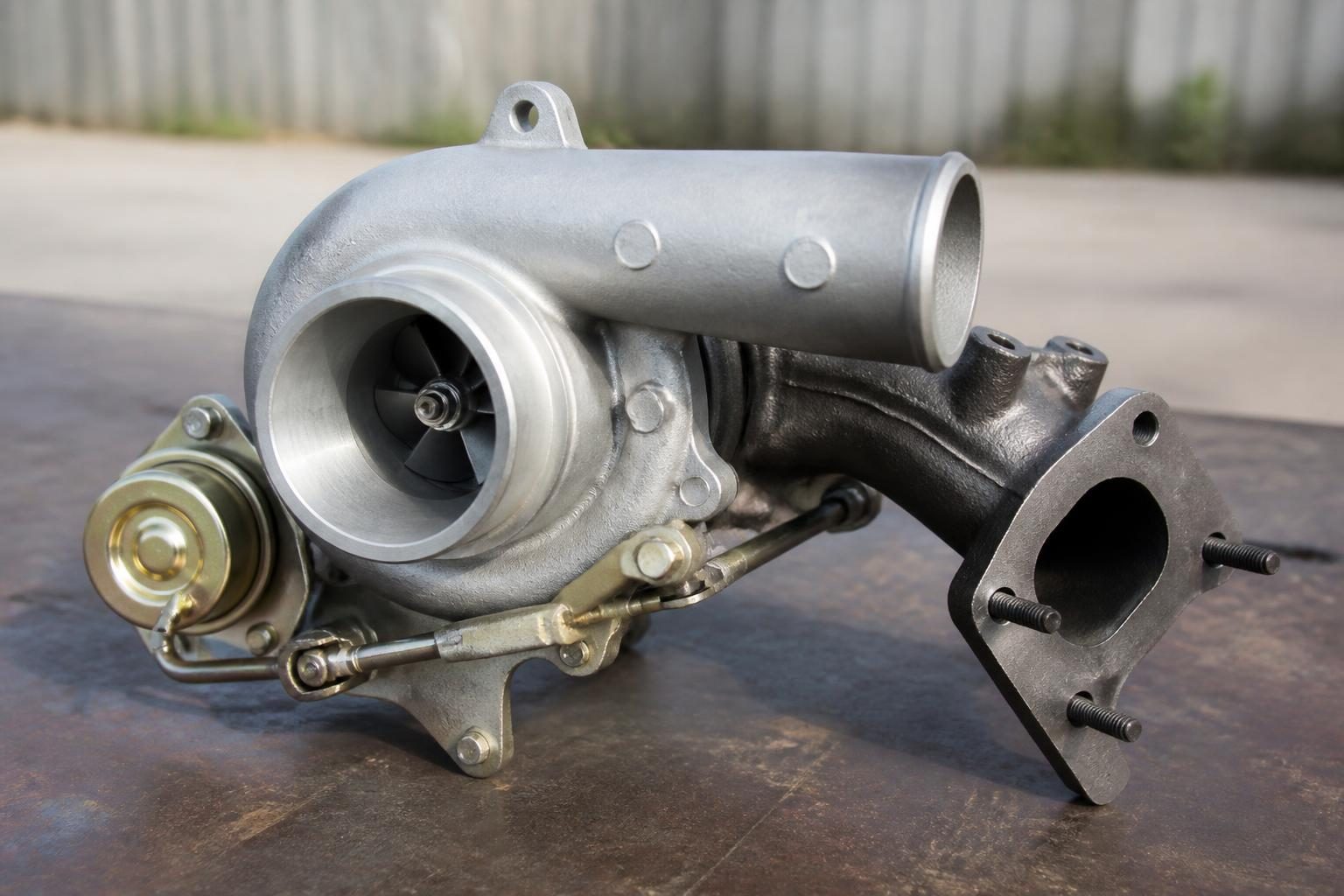 Close-up of a single automotive turbocharger with actuator and exhaust mounting flange.