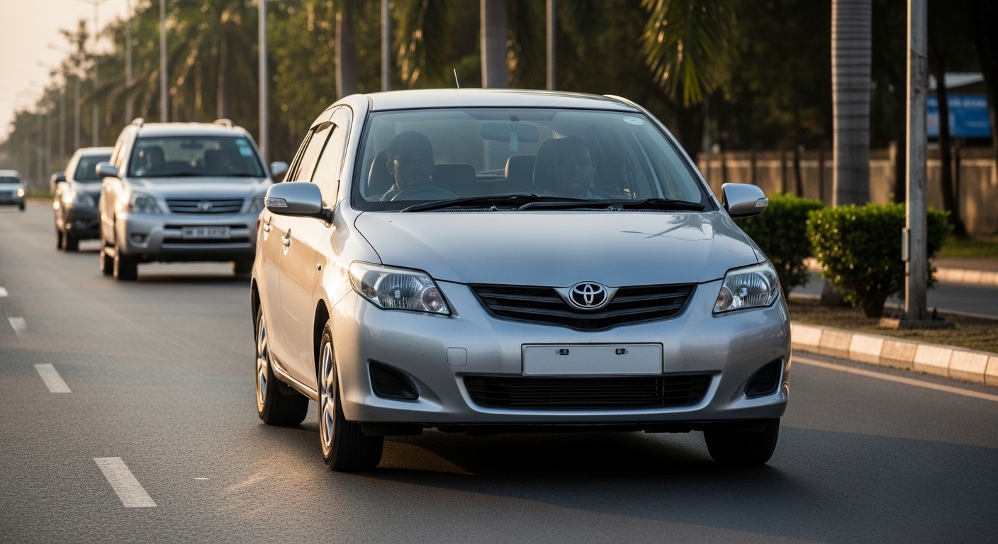 Silver Toyota compact sedan driving on a palm-lined city road in warm afternoon light