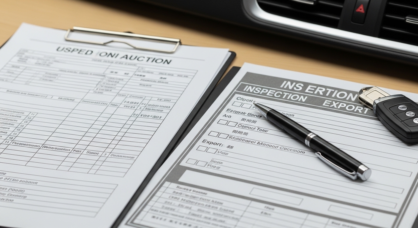 Clipboards with car auction and inspection forms, a pen, key fob, and dashboard edge on a desk