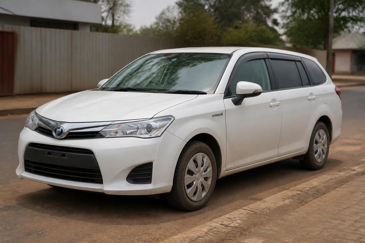 Side view of a 2014 Toyota Corolla Fielder Hybrid wagon showing its rear cargo area