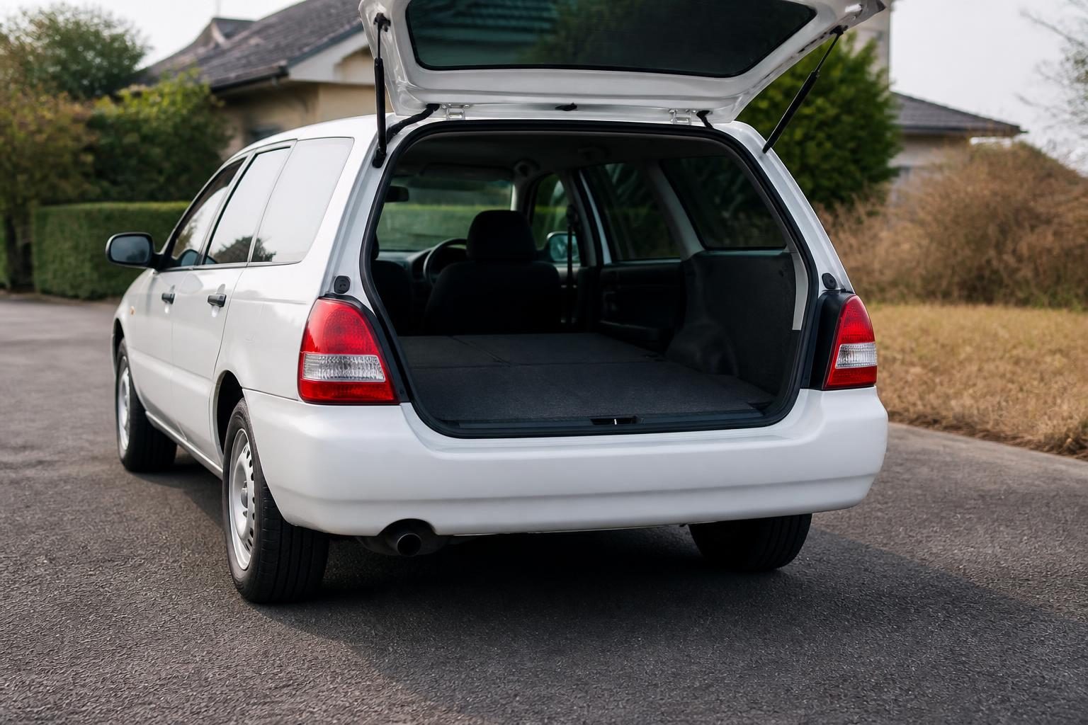 White station wagon with open rear hatch and empty cargo area on a suburban driveway.