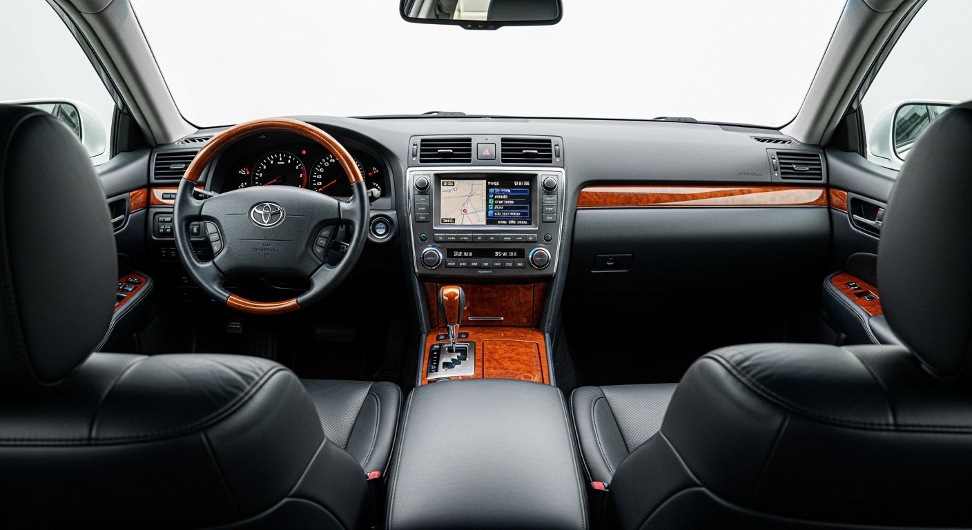 Toyota sedan interior with black leather seats, wood trim, steering wheel, and Japanese navigation screen