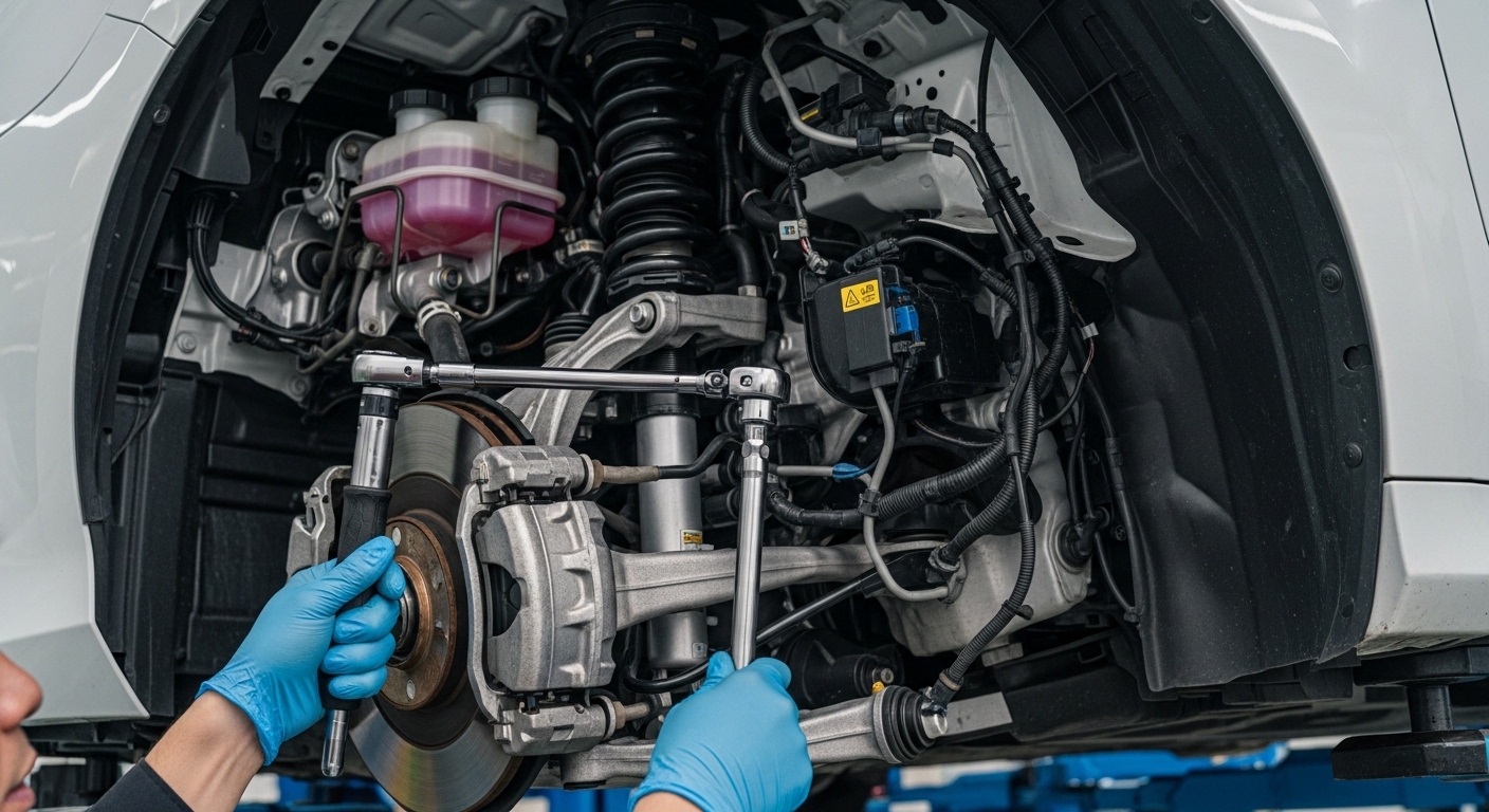 Gloved mechanic uses hand tools on a car's exposed front suspension and brake assembly.