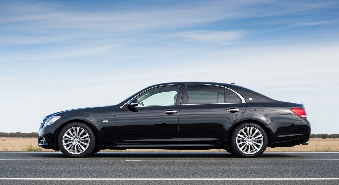 Large black Japanese executive sedan in side profile on an open Australian highway showing its long, wide stance