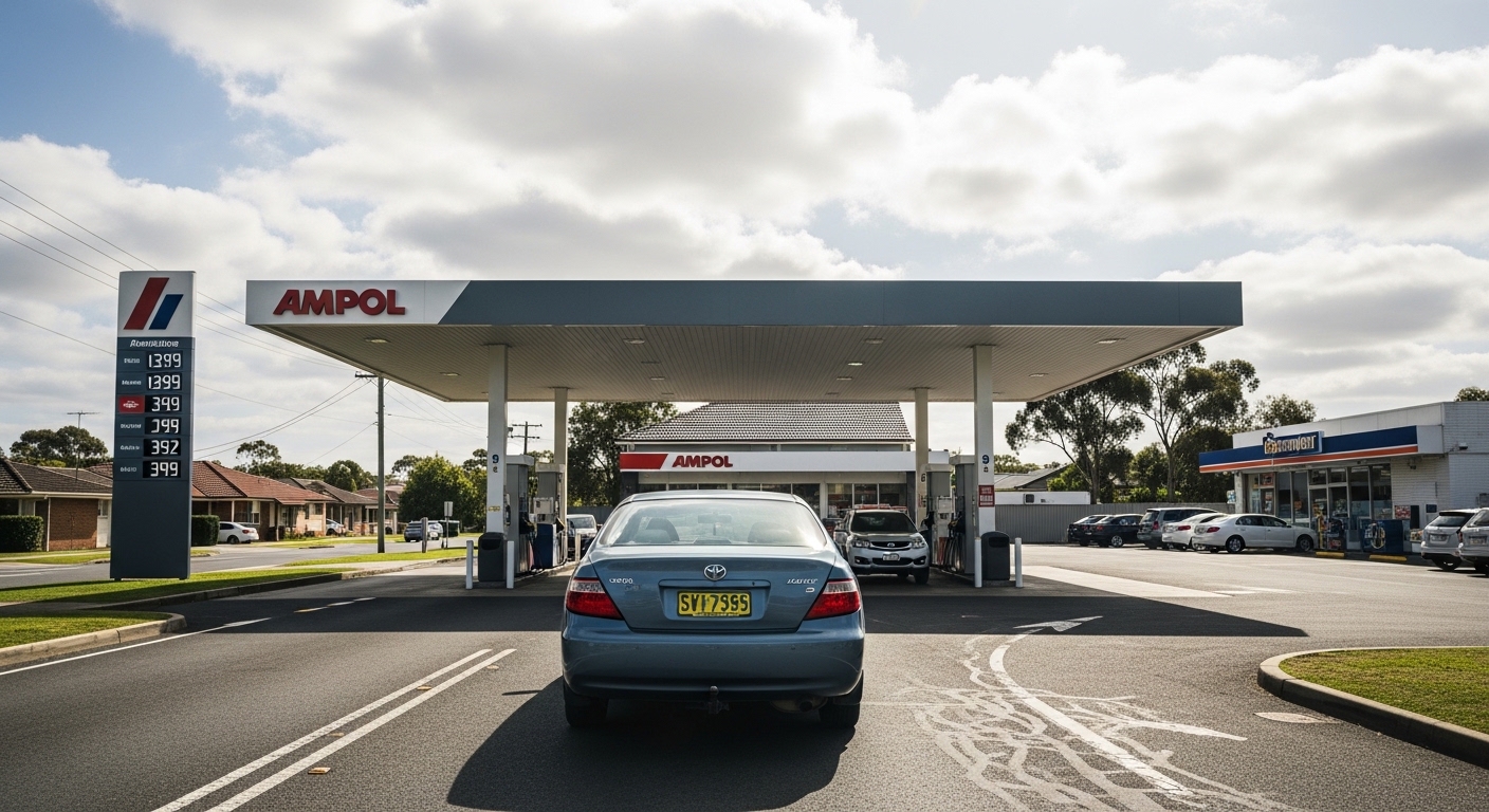 Car approaching an Ampol petrol station from behind on a sunny suburban street