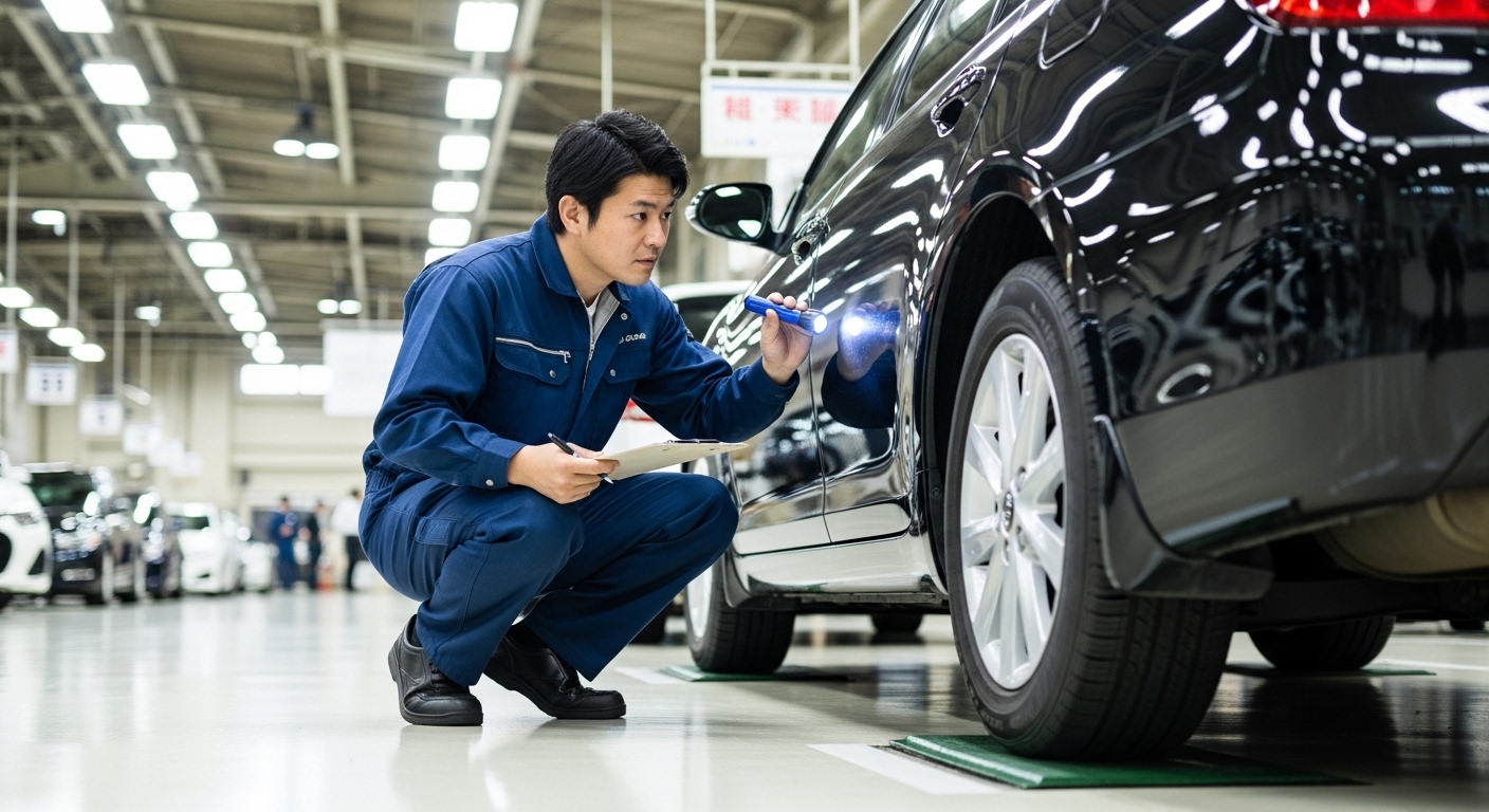 Man crouches with clipboard and flashlight inspecting a black sedan in a large indoor car hall.