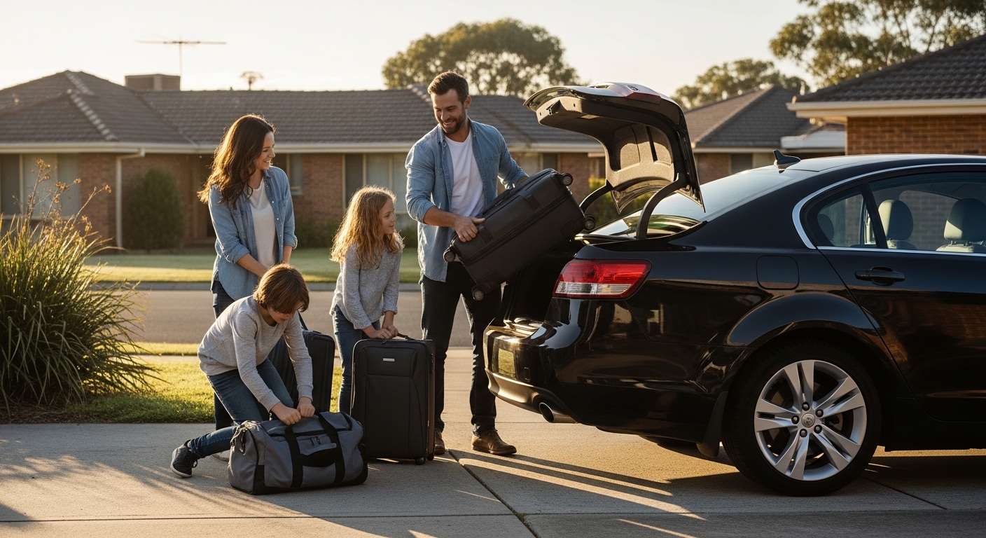 Family of four loading suitcases into the boot of a black sedan on a suburban driveway