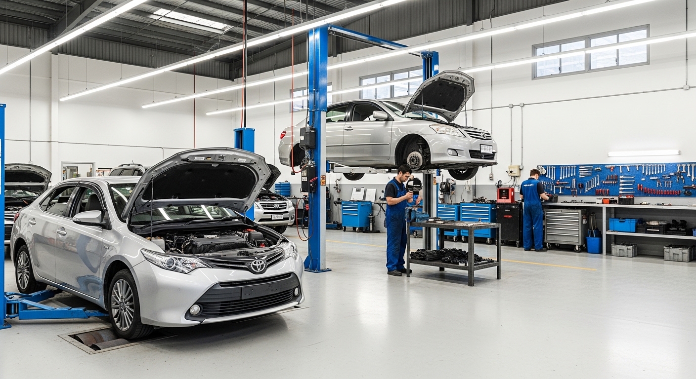 Clean auto workshop with silver sedans, one raised on a lift, and technicians working in the background