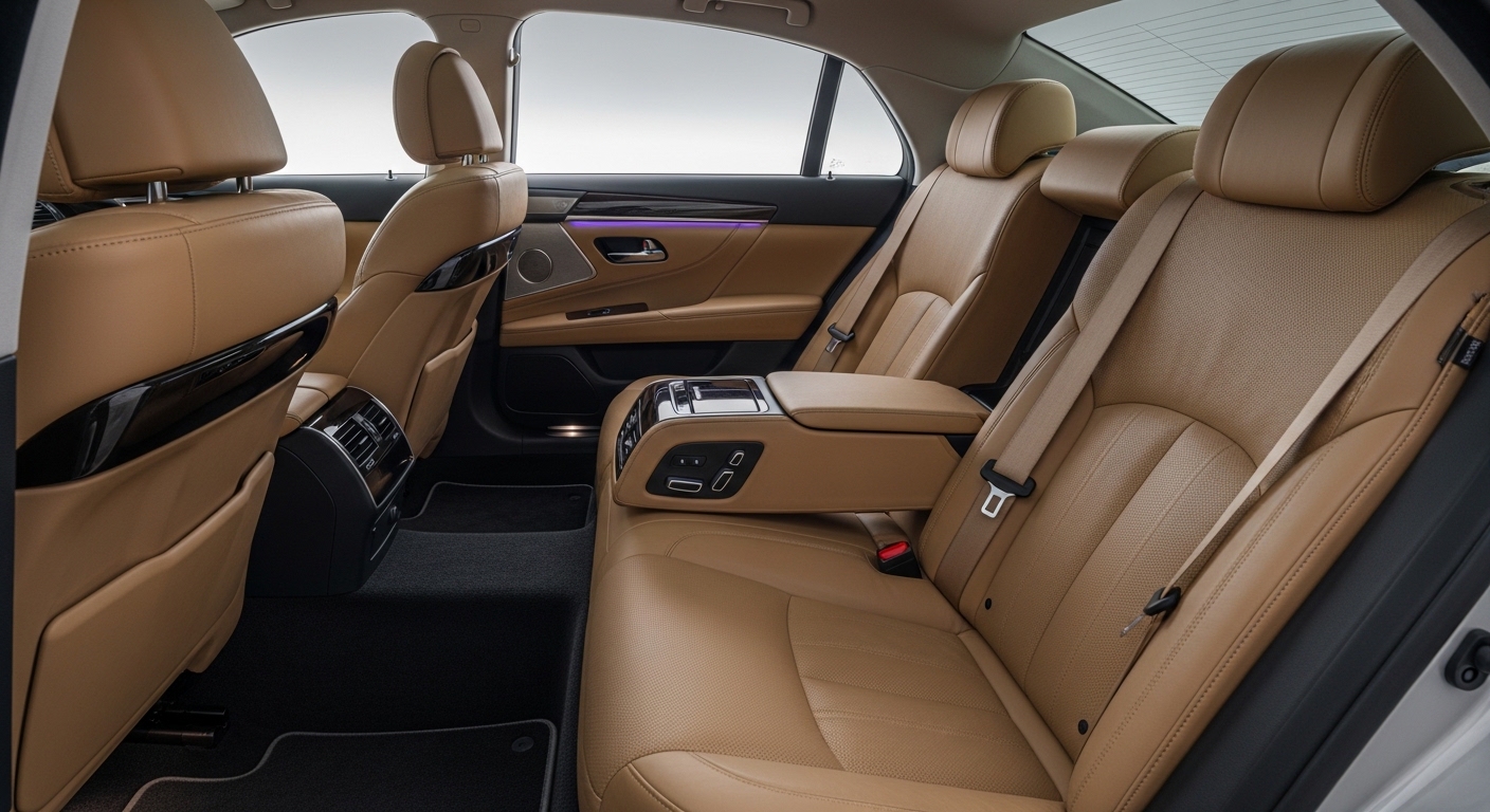 The rear cabin of a luxury sedan shows wide seats, soft trim and generous legroom.
