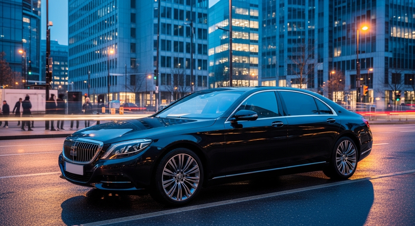 A dark luxury sedan is parked at the kerb in a city setting.
