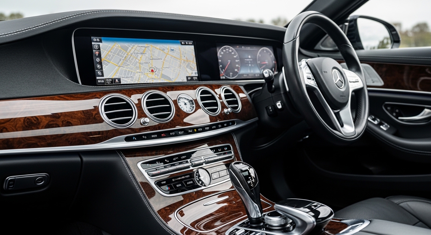 A luxury sedan centre console shows the infotainment screen, climate controls and polished trim.