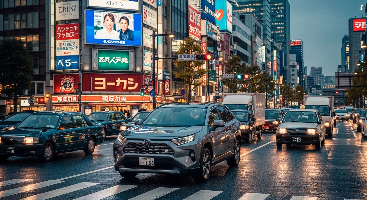 Silver Toyota SUV driving on a busy Japanese city street at dusk with taxis and neon signs