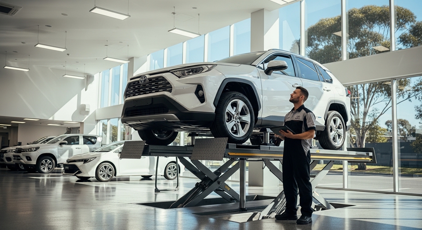 White Toyota hybrid SUV on a service lift with a technician holding a tablet in a bright workshop