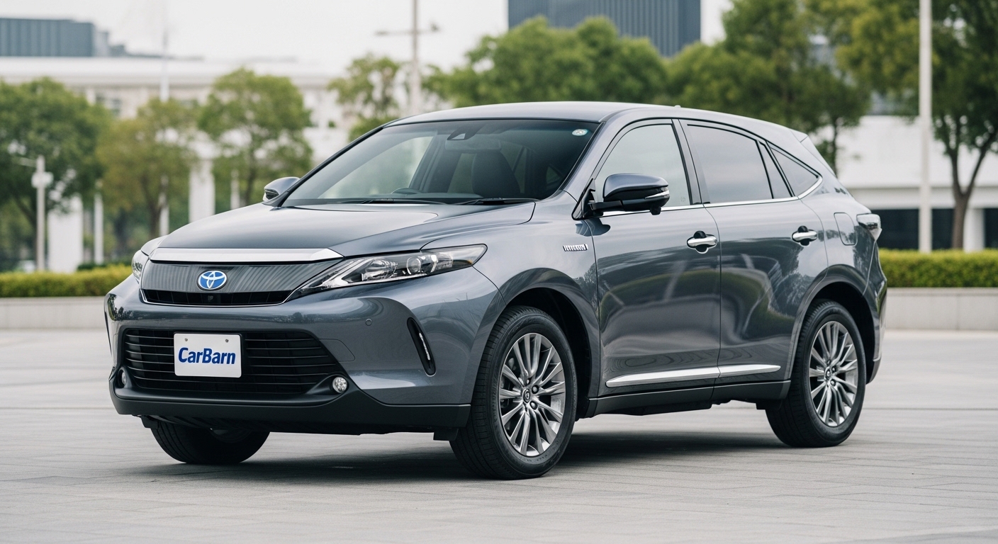 Gray Toyota Harrier hybrid SUV parked outdoors, front three-quarter view