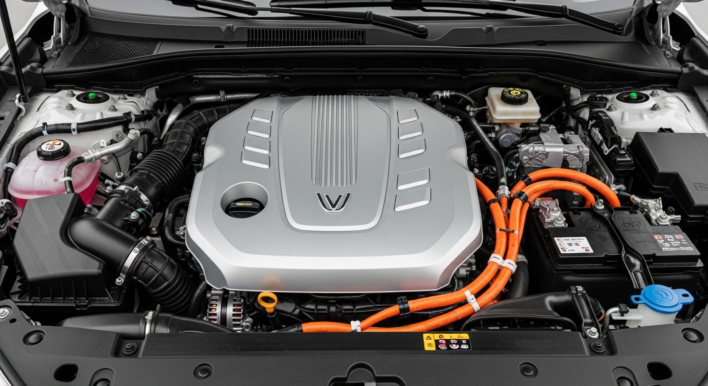 Clean hybrid SUV engine bay with silver engine cover, orange cables, battery, and fluid reservoirs