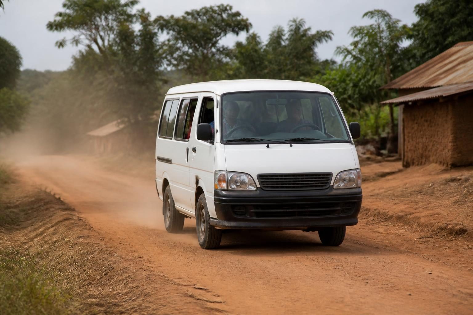White minibus van driving on a dusty unpaved rural road beside trees and a small house.