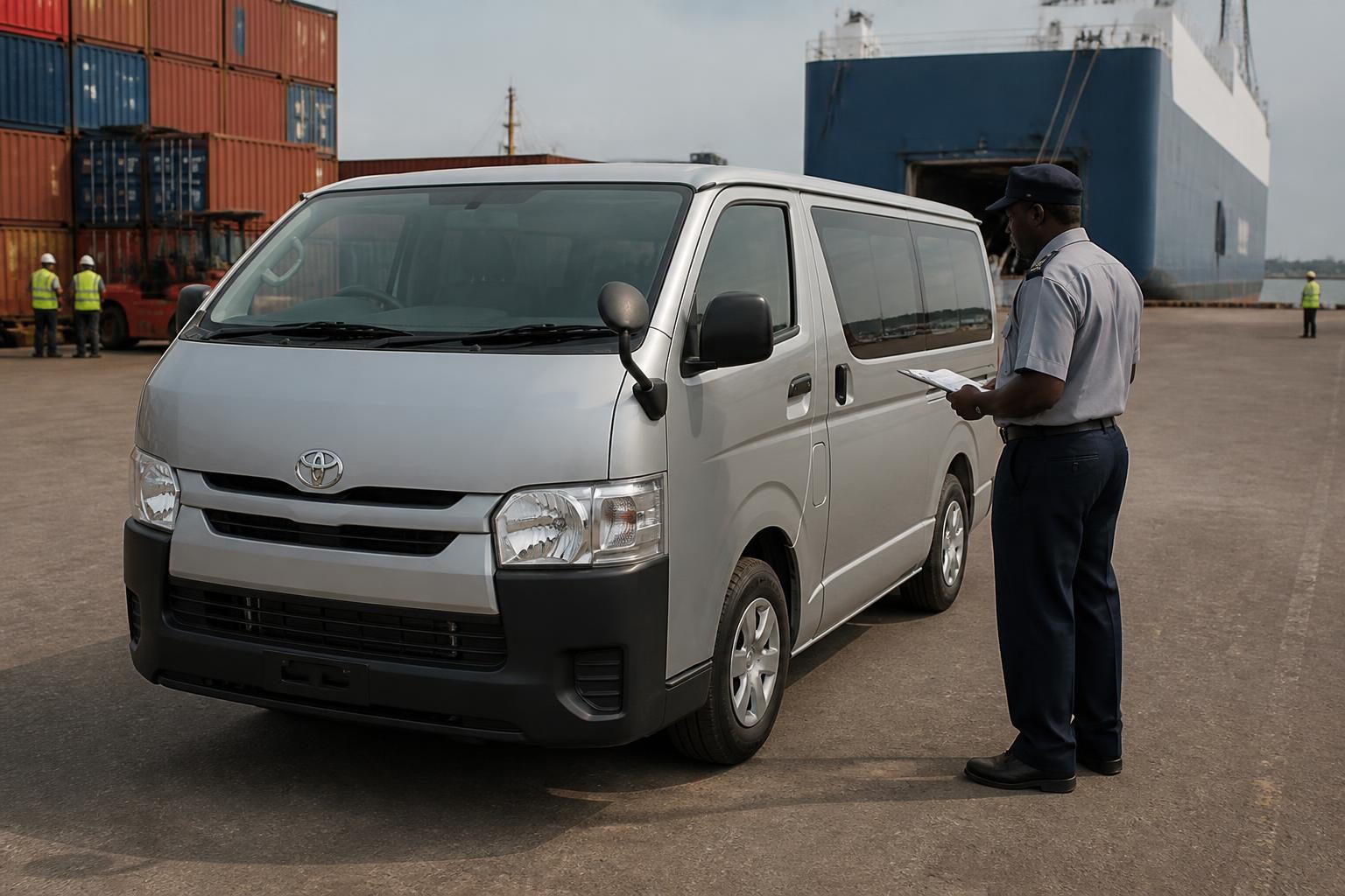 Silver Toyota van inspected by a uniformed official with clipboard at a container port beside a ship.