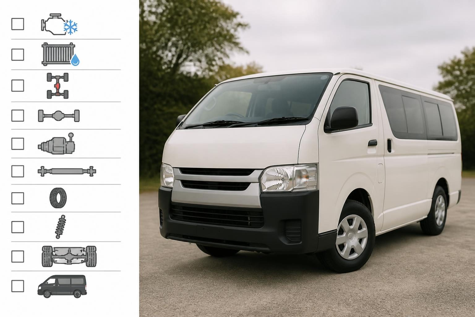 White passenger van beside a vertical checklist of cooling, drivetrain, tyre and suspension icons.