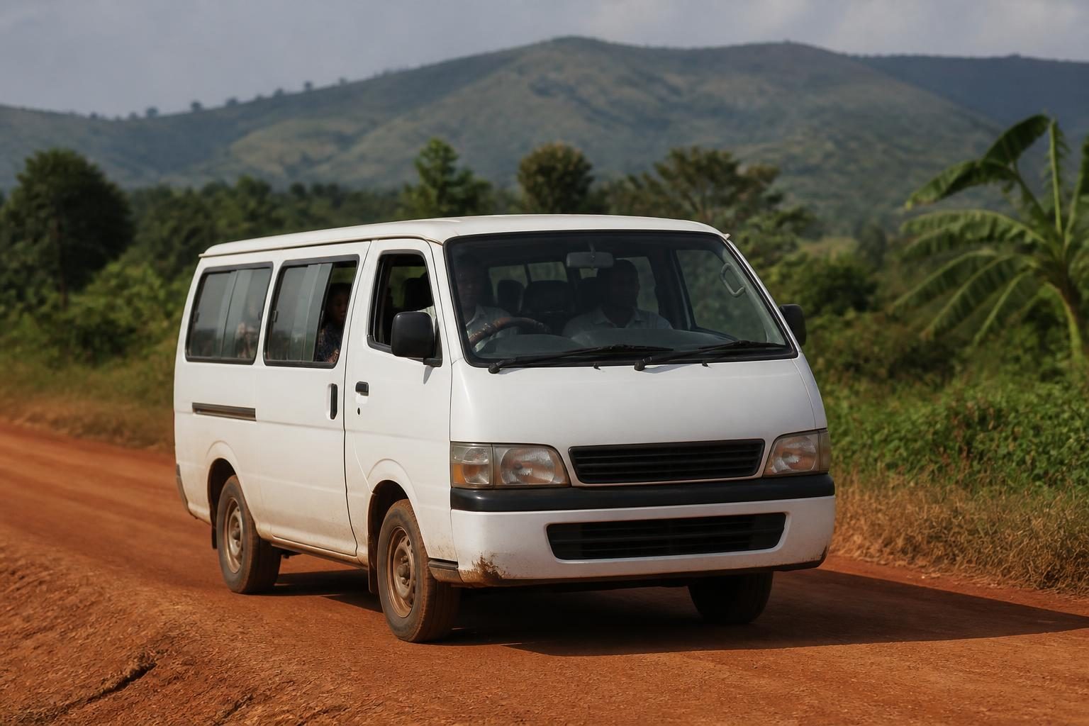 White passenger van on a red dirt road with green hills and banana plants behind.