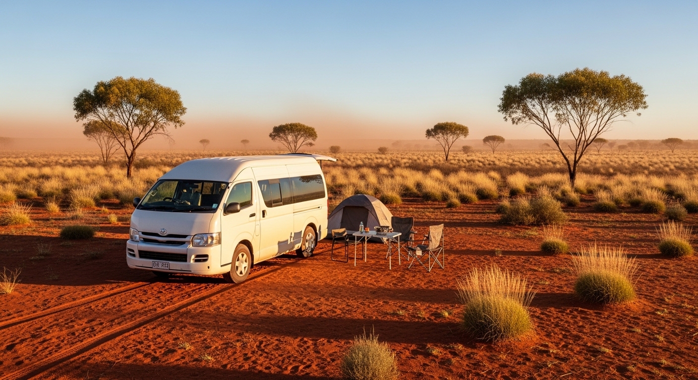 White van parked beside a small campsite on red dirt with scrub and scattered trees at sunset