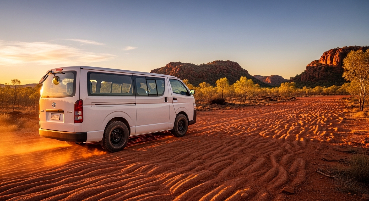 White van seen from the rear side on a rippled red dirt road with rocky hills at sunset