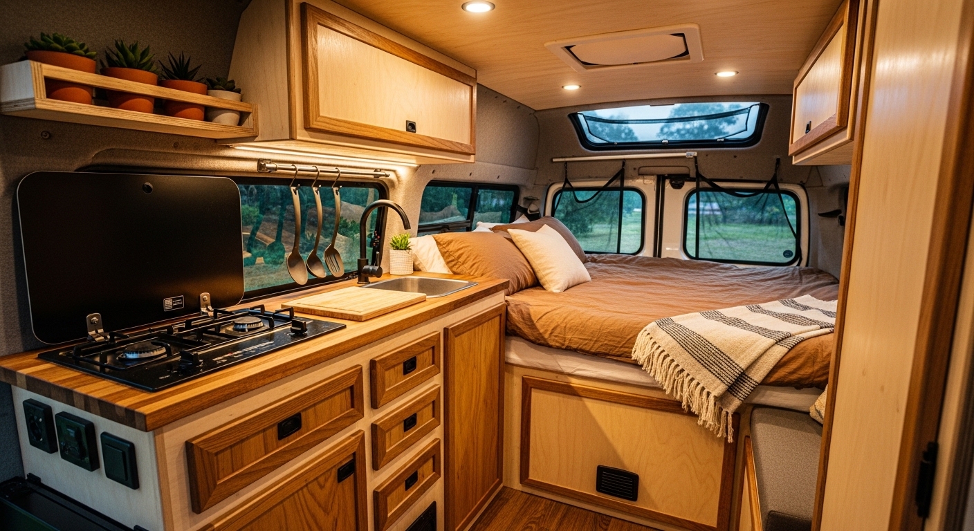 Campervan interior with timber cabinets, gas cooktop, sink, and rear bed under warm lights