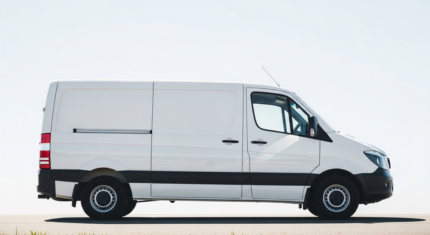 White cargo van shown in full side profile on a simple light background