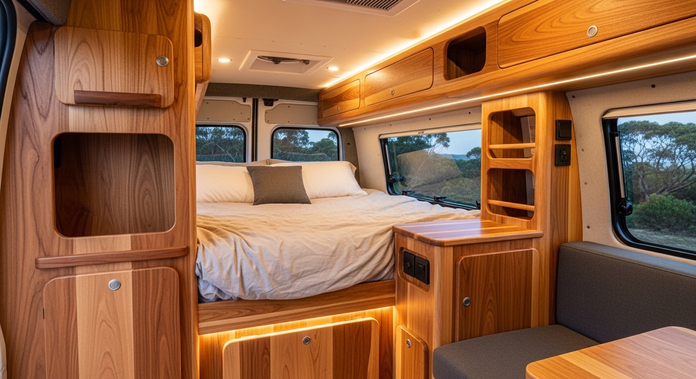 Camper van interior with raised bed, wooden cabinets, shelves, and side windows