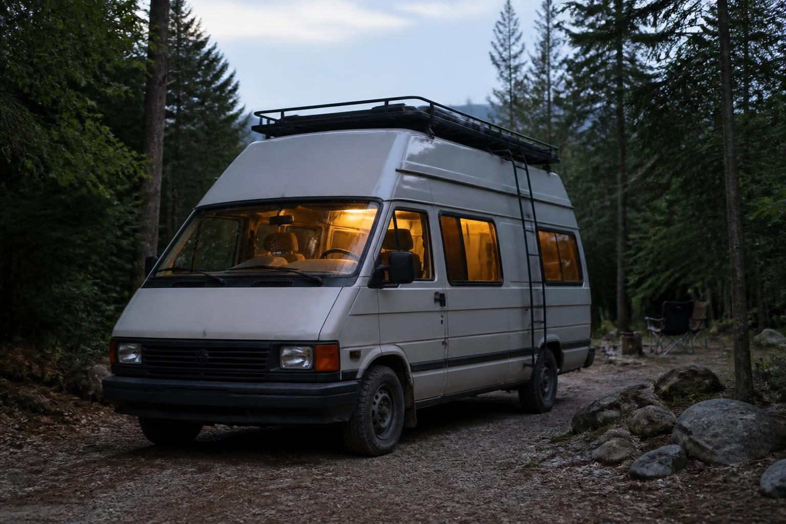White converted campervan with glowing interior lights parked in a wooded campsite at dusk.