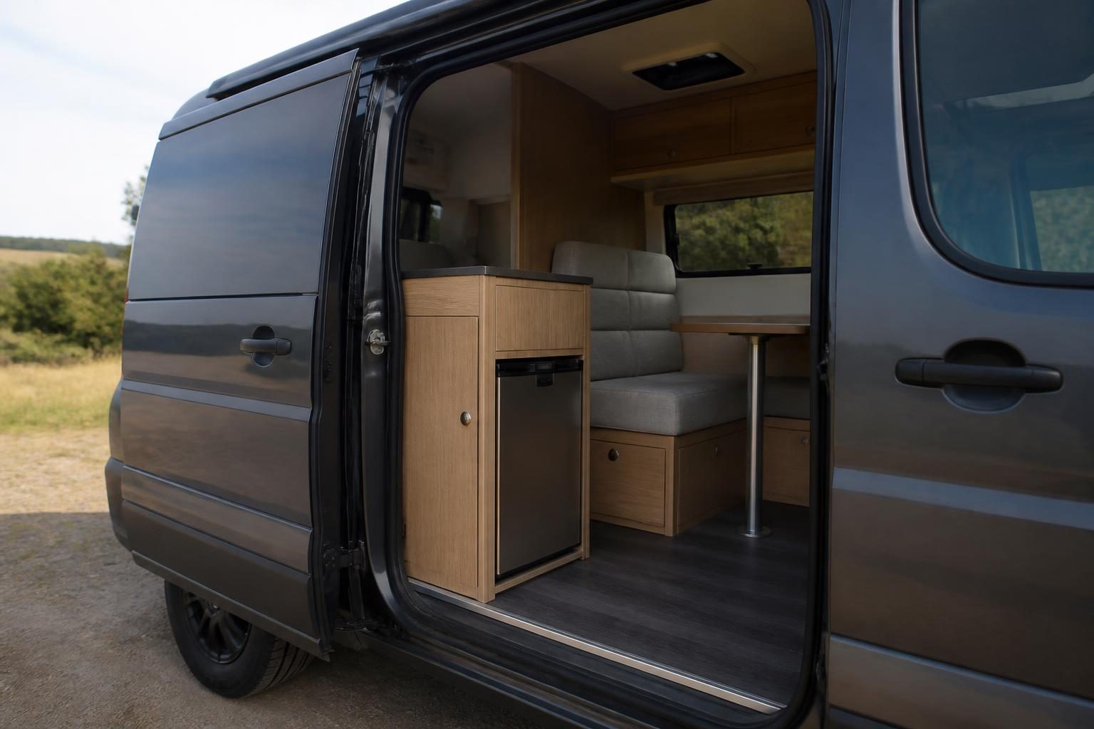 Open campervan side door revealing wooden cabinet, gray bench seats, and a small dining table.