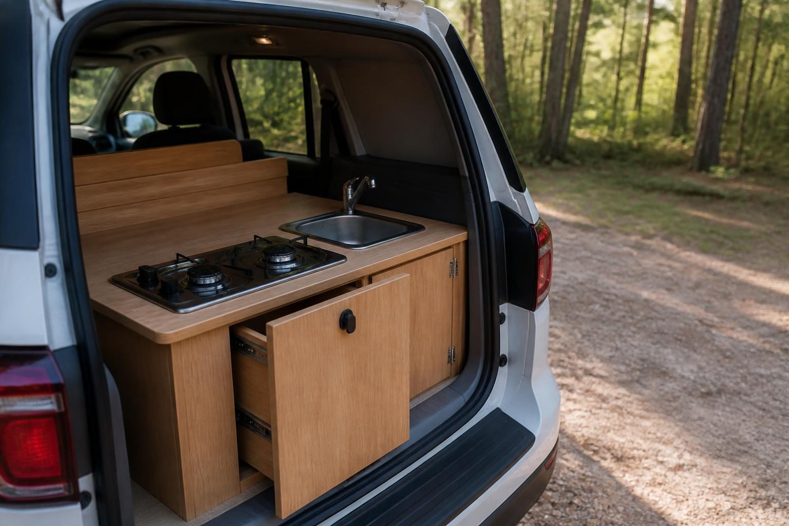 Wooden campervan kitchenette with two-burner stove and small sink at the open rear hatch.