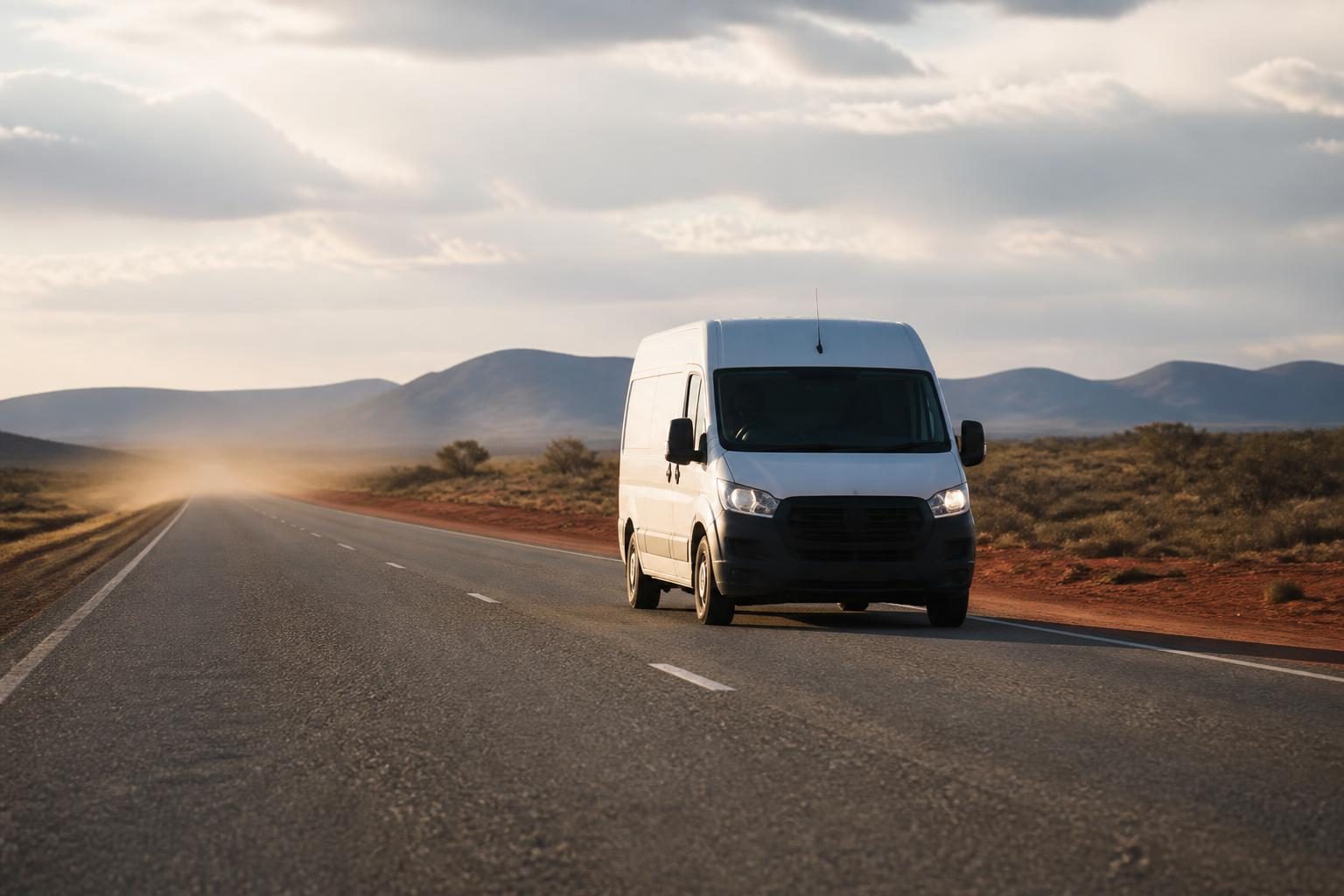 White van driving on an empty paved road through red-earth scrubland with distant hills.