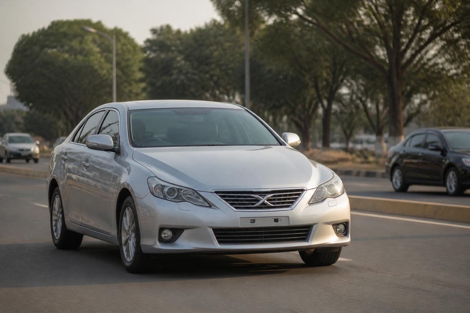 Silver sedan driving on a tree-lined urban avenue with other cars in warm afternoon light.