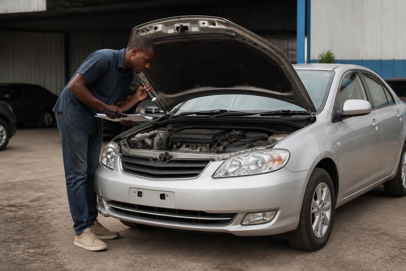 Man inspecting the open engine bay of a silver sedan with a handheld light.