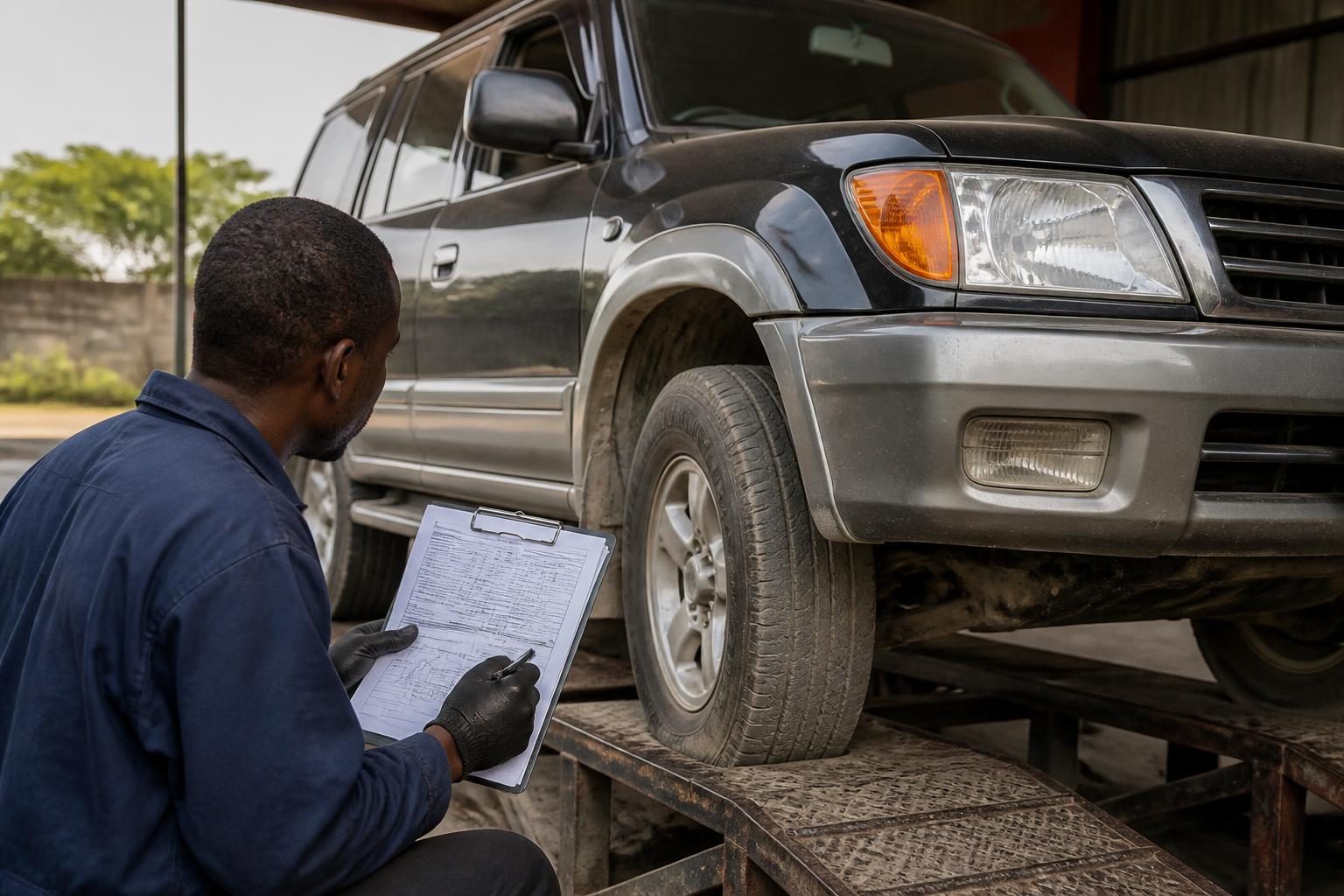 Mechanic holding an inspection clipboard beside an SUV raised on a metal workshop ramp.