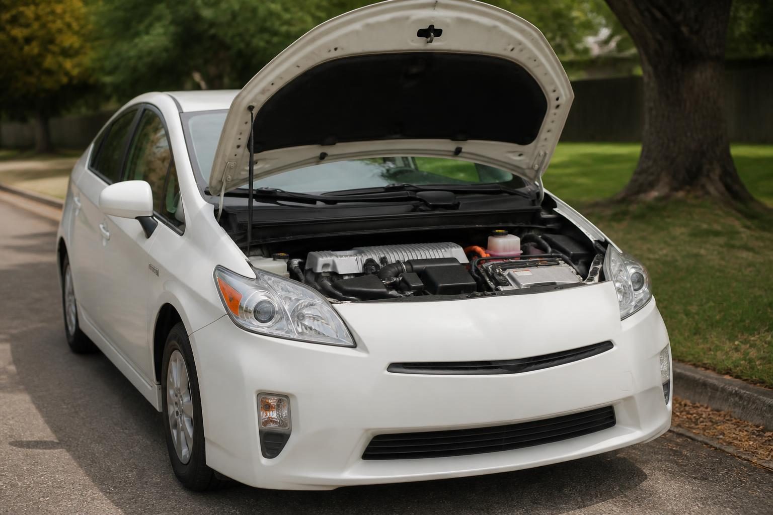 White Toyota Prius parked roadside with bonnet open, showing the engine bay.