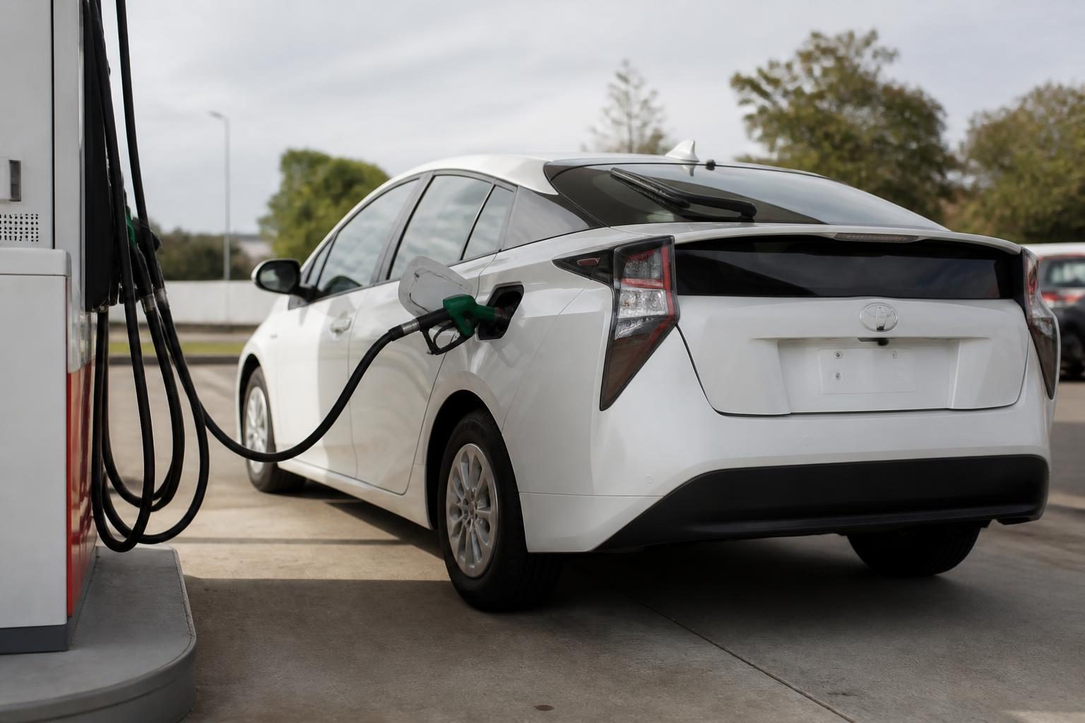 White Toyota Prius being refuelled at a petrol station pump.