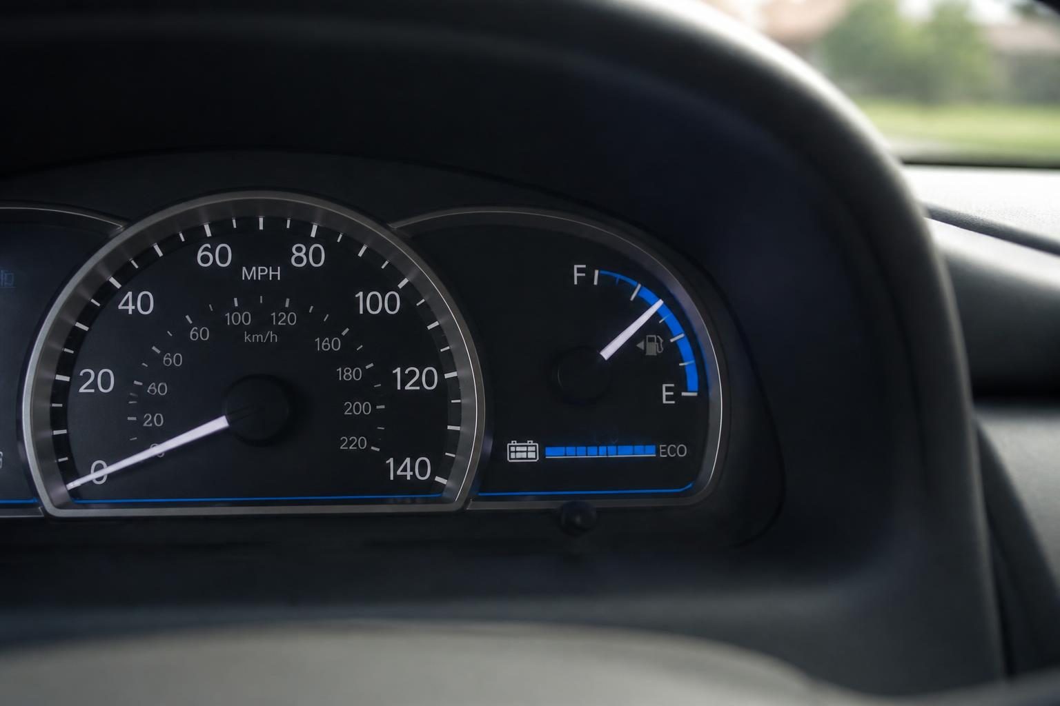 Close-up of a car dashboard with speedometer, fuel gauge, and ECO battery display