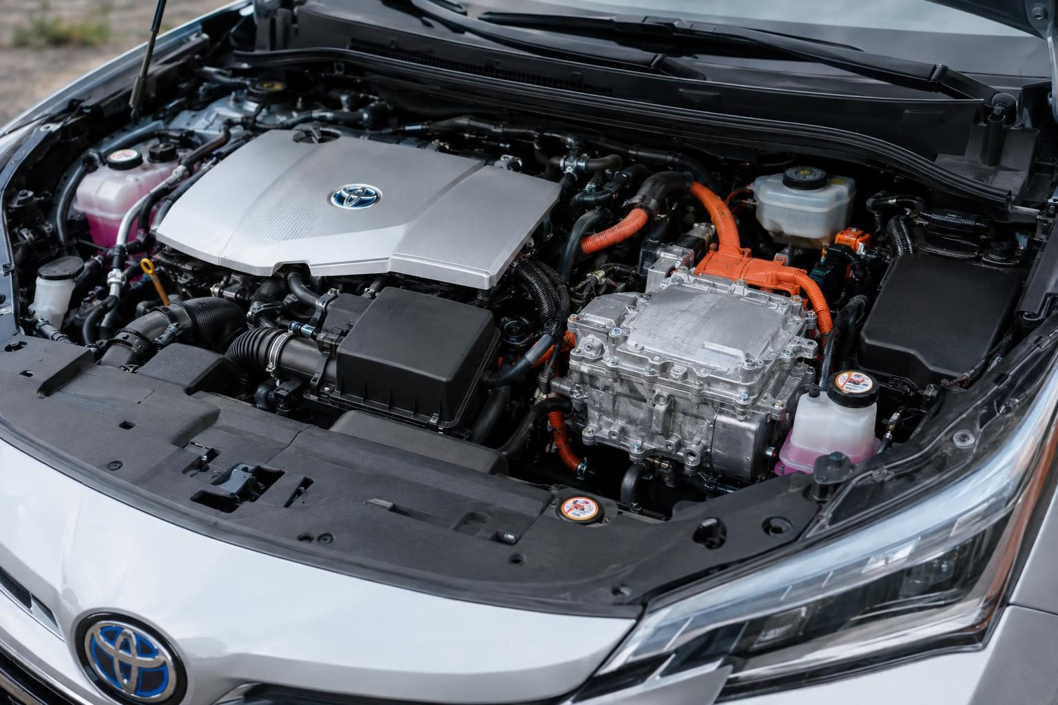 Open engine bay of a fourth-generation Toyota Prius hybrid, showing the engine cover and electric-drive hardware.