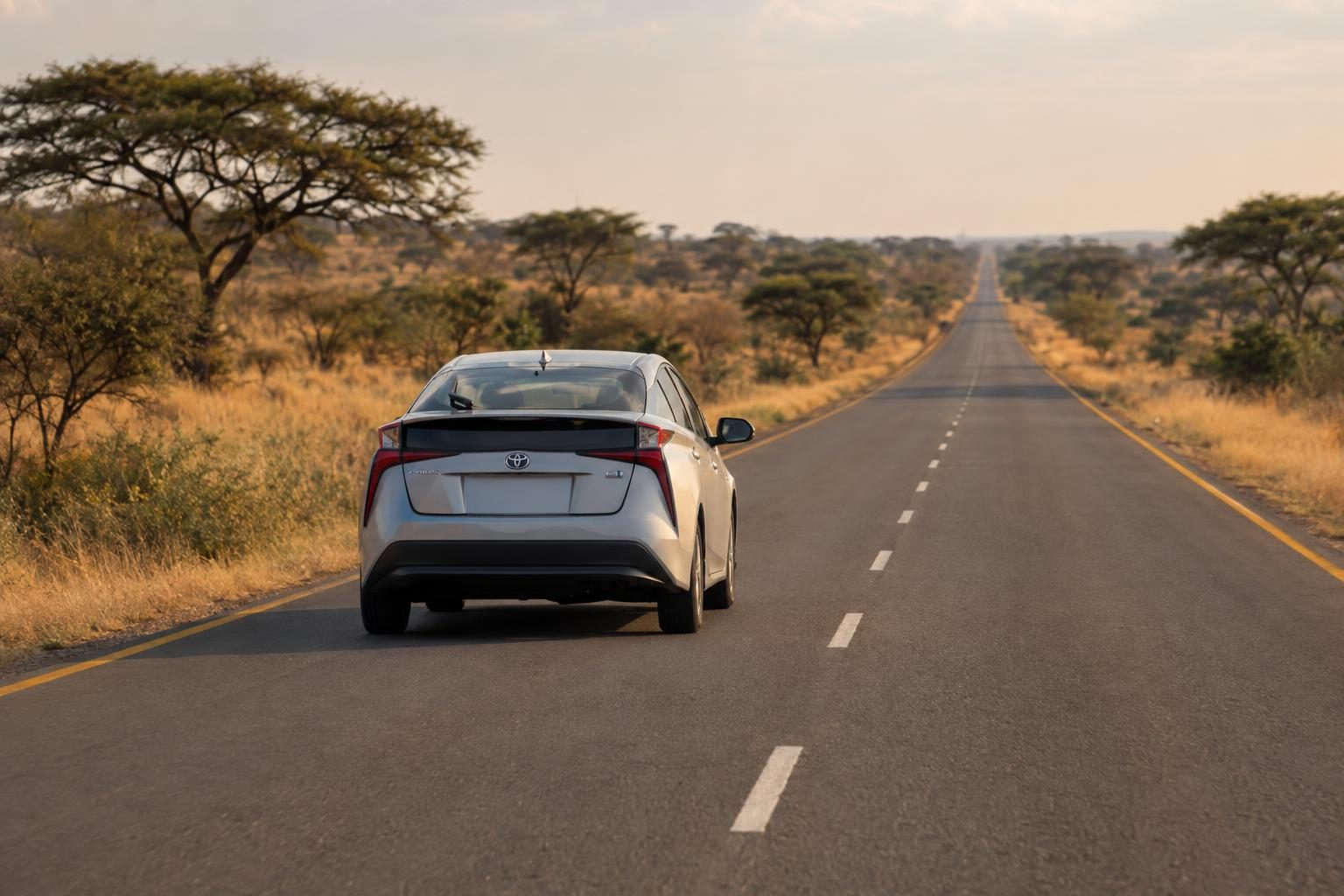 Rear view of a silver fourth-generation Toyota Prius driving on a dry savanna highway.