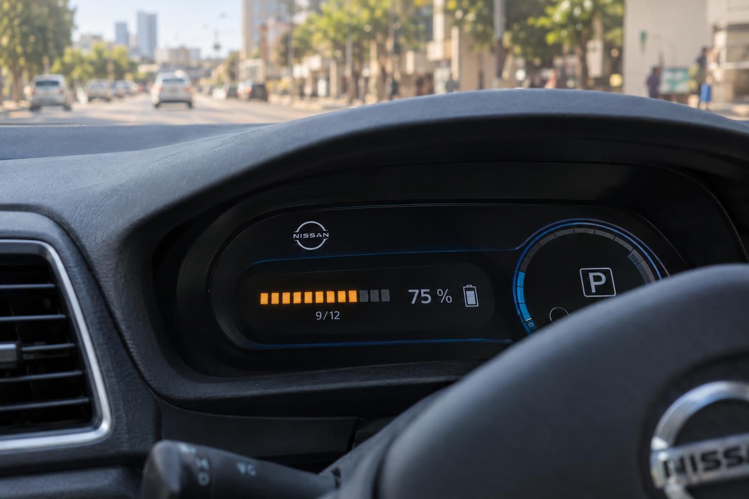 Nissan Leaf ZE1 dashboard showing 9 of 12 amber battery capacity bars and a 75% charge readout.