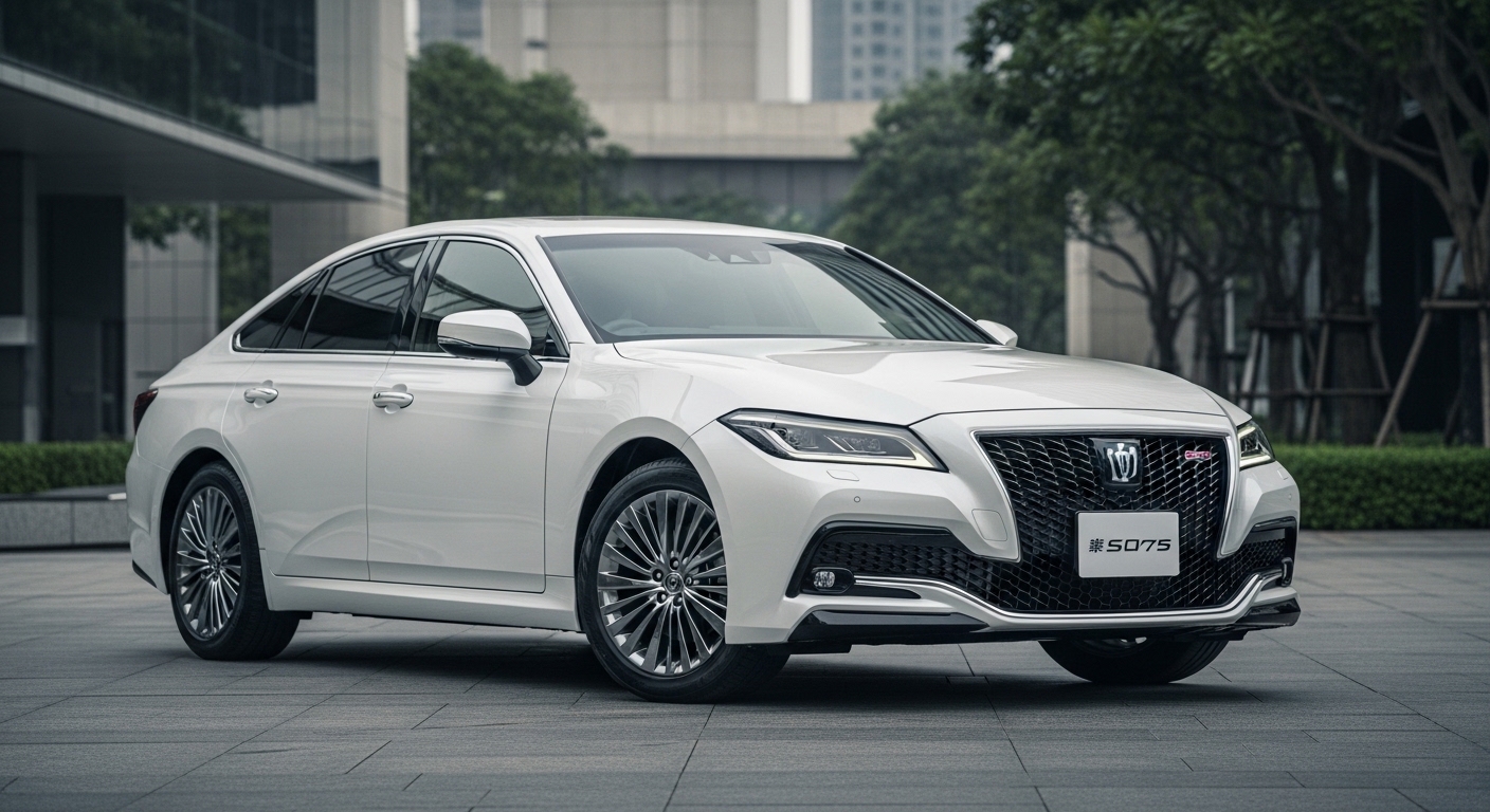 White Toyota Crown sedan shown from the front three-quarter angle on a paved plaza