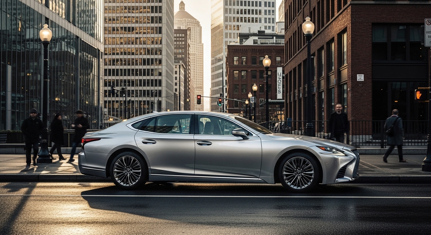 Silver Lexus LS sedan parked along a downtown street between tall office buildings