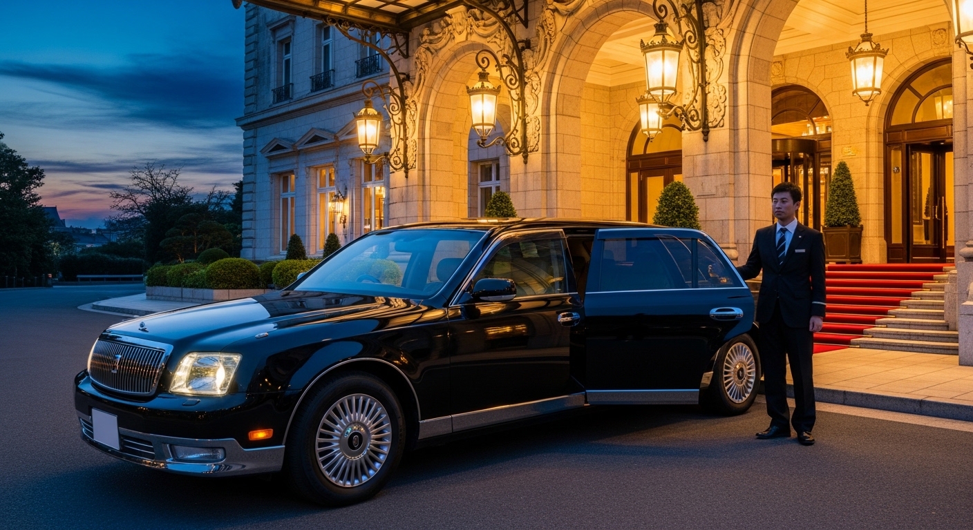 Black luxury limousine sedan outside a grand hotel at dusk with a chauffeur by the open rear door