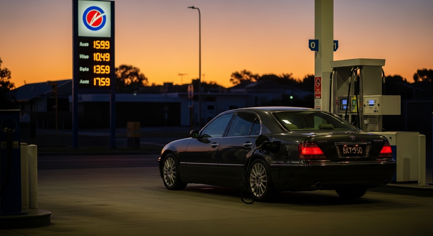 Black luxury sedan refuelling at a petrol station at dusk with a glowing price sign behind.