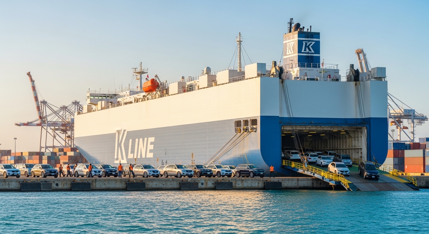Car carrier ship unloading rows of cars at a port with cranes and containers behind