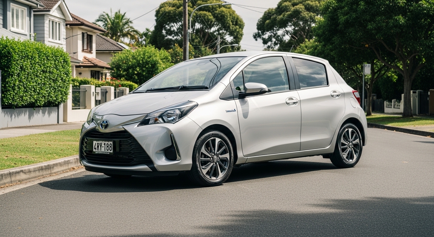 Silver Toyota hybrid 5-door hatchback parked on a quiet suburban street in daylight