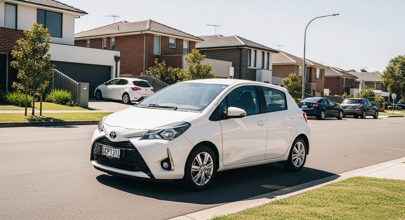 White Toyota Yaris hatchback parked on a sunny suburban street with modern houses in the background