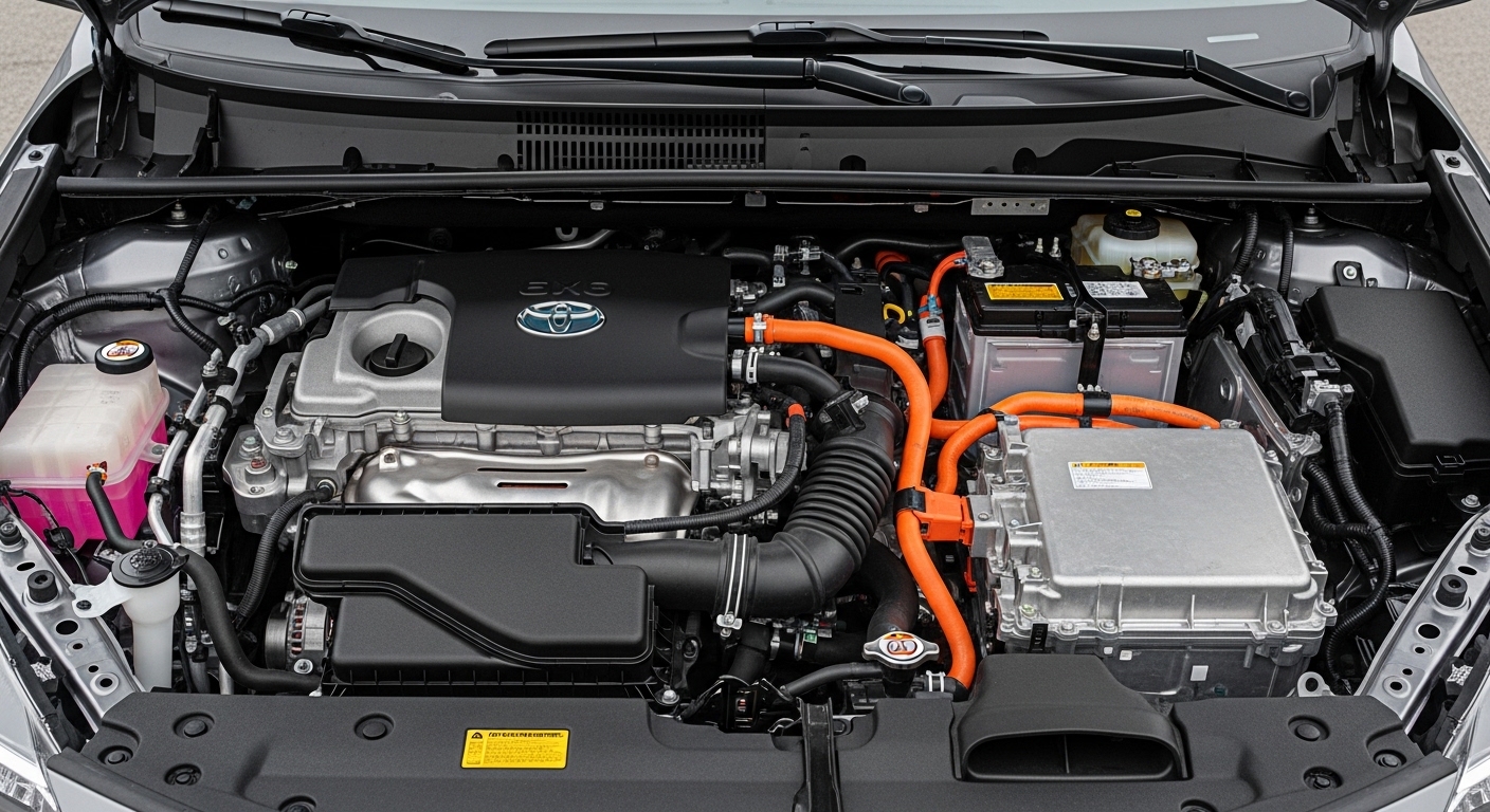 Toyota hybrid engine bay with engine cover, orange high-voltage cables, and inverter components